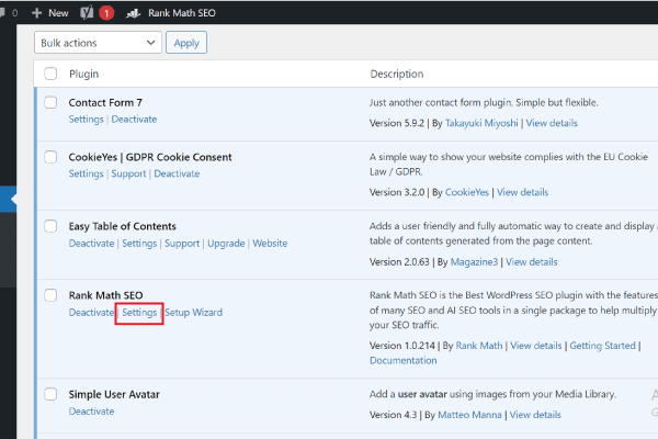 WordPress plugins dashboard with highlighted setting section of newly activated plugin