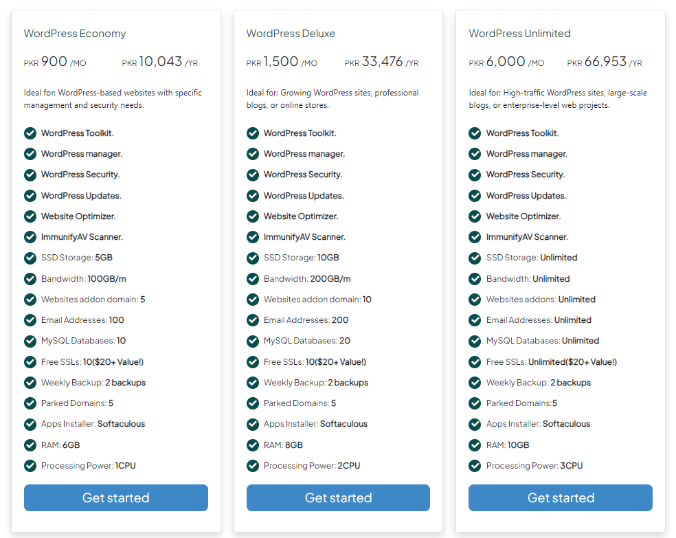 a screenshot of features and pricing of managed wordpress hosting plans by TezHost